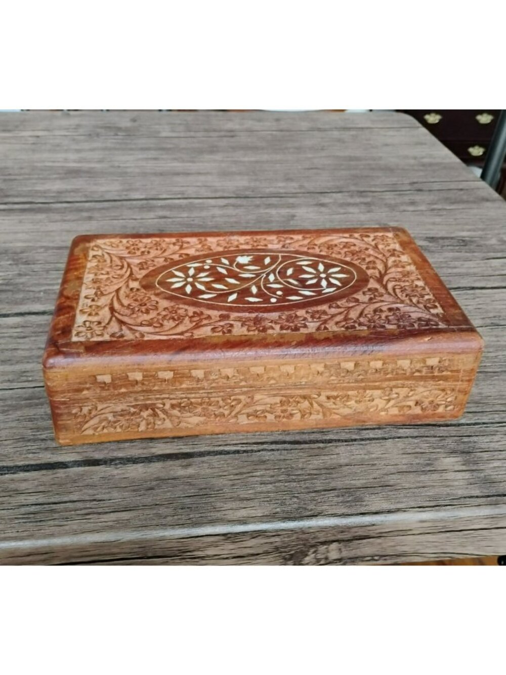 Hand-Carved Wooden Boho Jewelry Box, Intricate Floral Inlay, Felt-Lined Interior